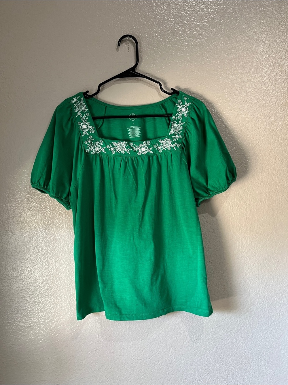 St. John's Bay Green Square-Neck Embroidered Blouse Sz M Cotton Boho TC0268